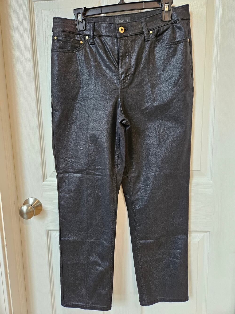 Talbots Slim Straight Ankle Jeans Womens Size 10 Black Coated Metallic Stretch